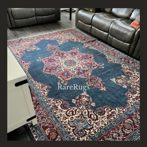 #NO1Drc Vintage Turkish rug Isparta 10x7 handmade wool blue ,red medallion design