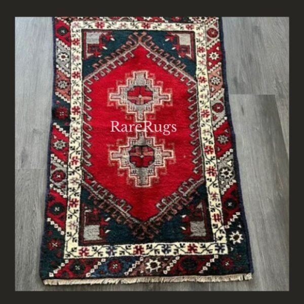 Vintage Turkish red runner 4x2 handmade wool Anatolian design